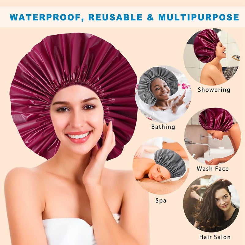 CHFONG Jumbo Size Shower Cap 2 PCS Waterproof Shower Caps for Women, Extra Large Shower Cap, Reusable Super Large Bath Caps Hair Cap for Long Thick Curly Hair, Locs, Twist Braids - Grey+Purple-red - Image 2